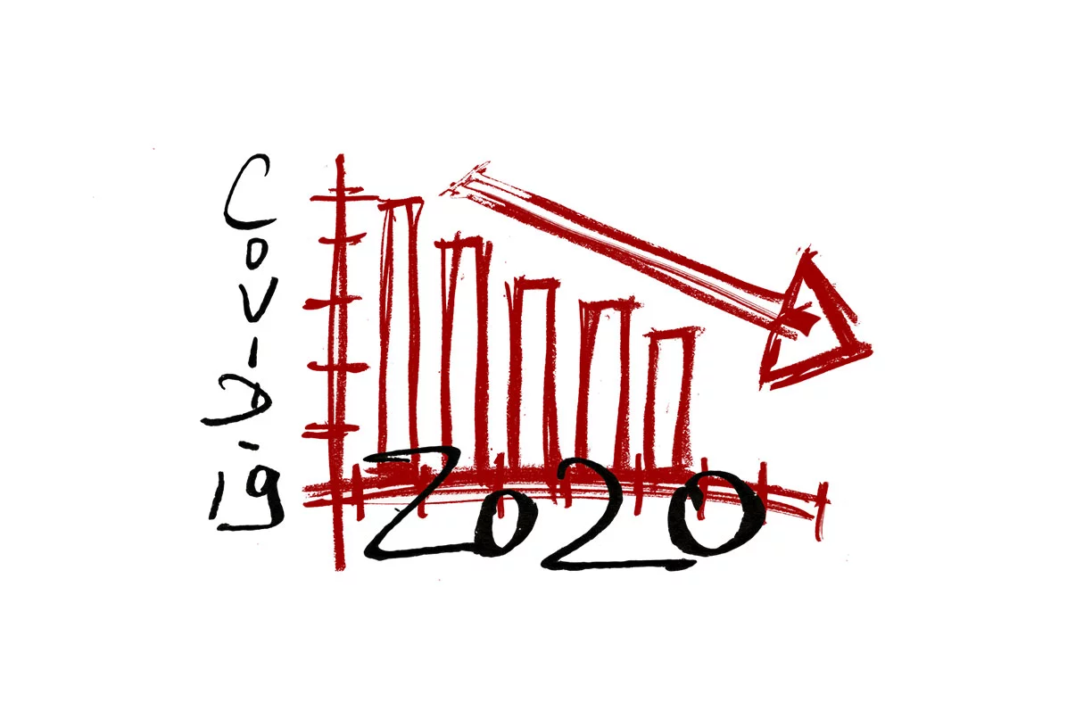 Die Abbildung zeigt ein stilisiertes Balkendiagramm mit fallendem Verlauf, das die Auswirkungen von Covid 19 auf die Kapitalmärkte im Jahr 2020 darstellt.