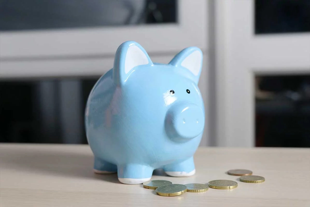 Ein hellblaues Sparschwein steht auf einem Tisch, umringt von einigen Euro-Münzen, was dafür steht, dass angestellte Zahnärzte mehr Netto aus ihrem Brutto-Gehalt herausholen können.