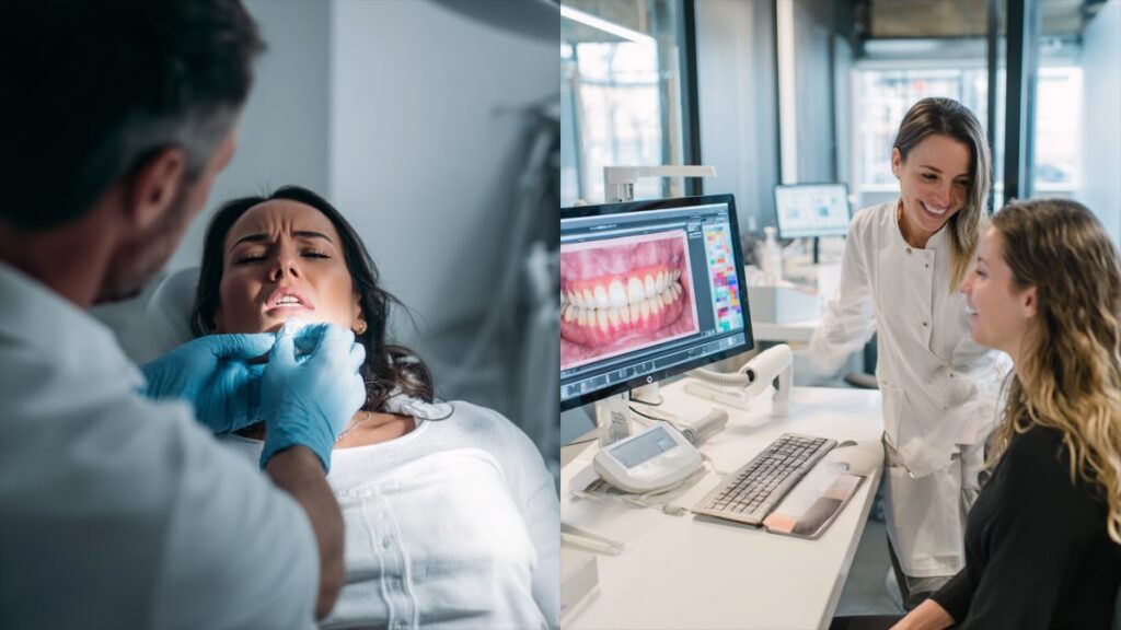 Collage mit zwei Bildern aus der Zahnarztpraxis: Klassische Abdrucknahme links, moderne digitale Planung mit CEREC rechts – passend zur Fortbildung „CEREC erfolgreich integrieren“.