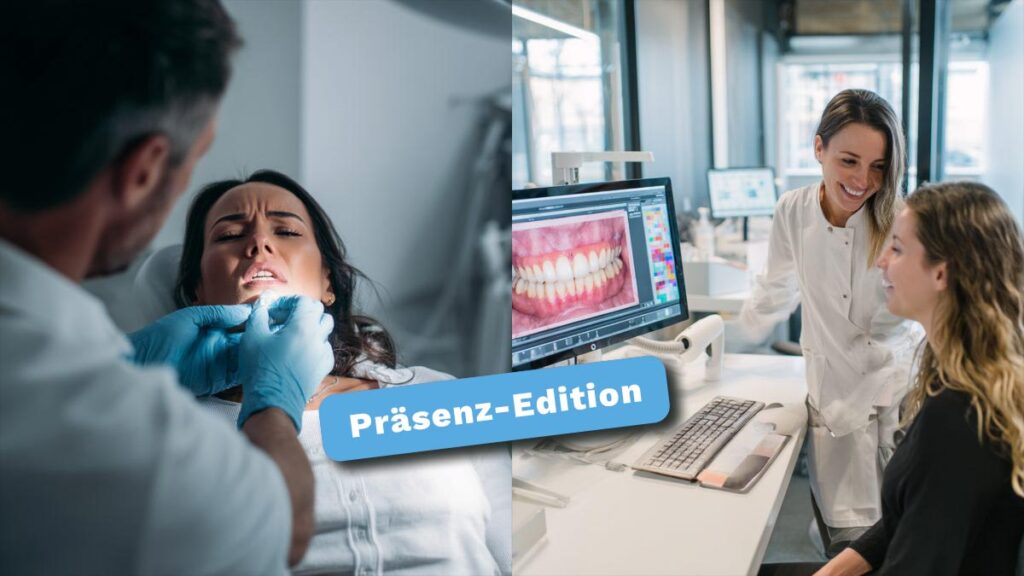 Collage mit zwei Bildern aus der Zahnarztpraxis: Klassische Abdrucknahme links, moderne digitale Planung mit CEREC rechts – passend zur Fortbildung CEREC erfolgreich integrieren.