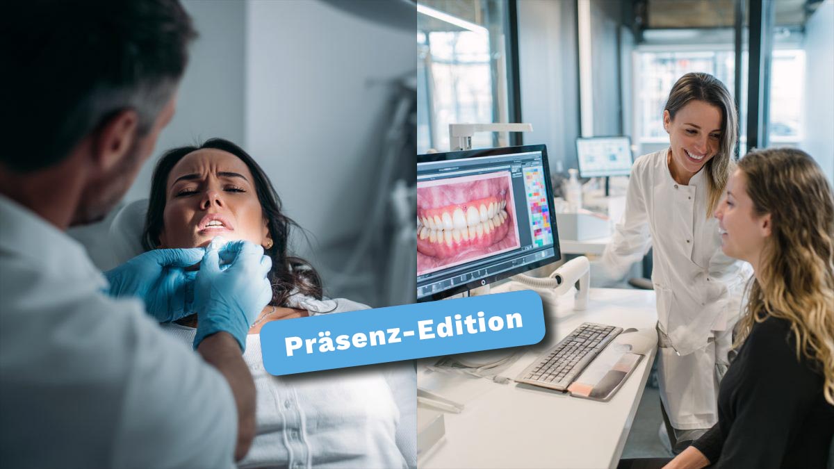 Collage mit zwei Bildern aus der Zahnarztpraxis: Klassische Abdrucknahme links, moderne digitale Planung mit CEREC rechts – passend zur Fortbildung CEREC erfolgreich integrieren.