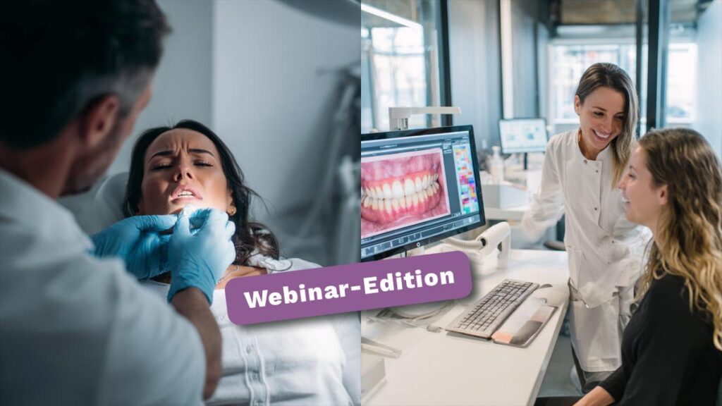 Collage mit zwei Bildern aus der Zahnarztpraxis: Klassische Abdrucknahme links, moderne digitale Planung mit CEREC rechts – passend zum Webinar CEREC erfolgreich integrieren.