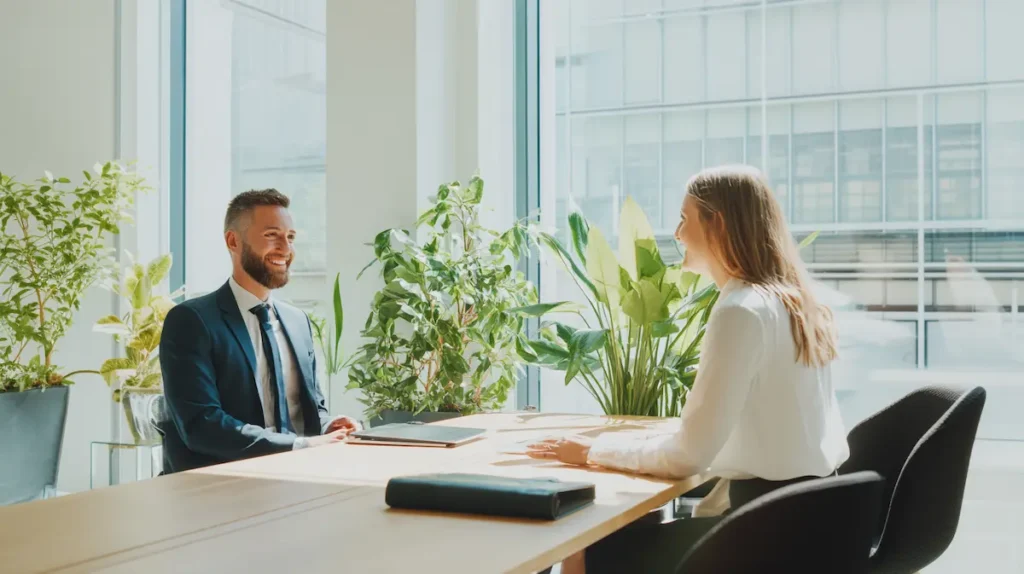 Eine Praxisinhaberin f&uuml;hrt gemeinsam mit einem Finanzberater einen Versicherungscheck ihrer Zahnarztpraxis durch.