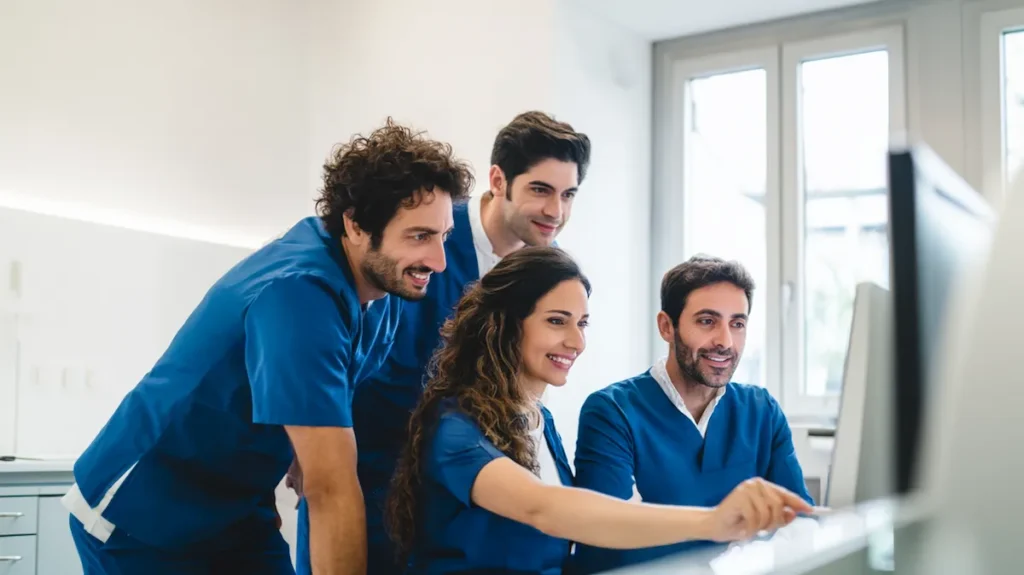 Ein Zahnarzt und sein Team informieren sich in einem Webinar &uuml;ber Benefits zur Mitarbeiterbindung in der Zahnarztpraxis.