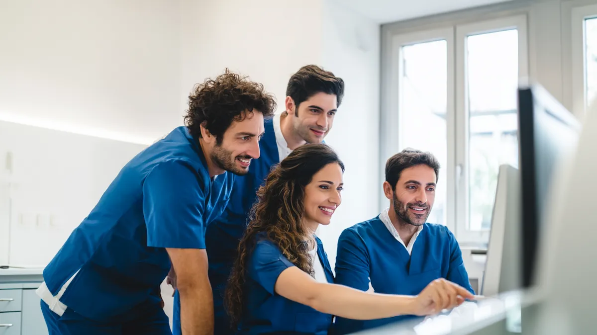 Ein Zahnarzt und sein Team informieren sich in einem Webinar über Benefits zur Mitarbeiterbindung in der Zahnarztpraxis.