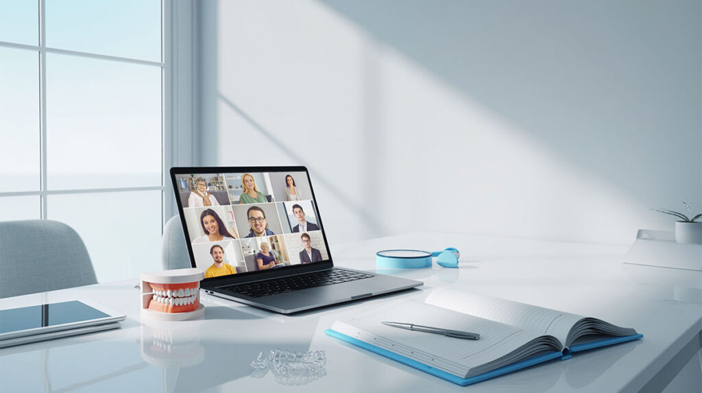 Auf dem Schreibtisch eines Kieferorthop&auml;den liegt ein aufgeschlagener Laptop, &uuml;ber den er am Webinar KFO-Praxisgr&uuml;ndung erfolgreich meistern teilnimmt.