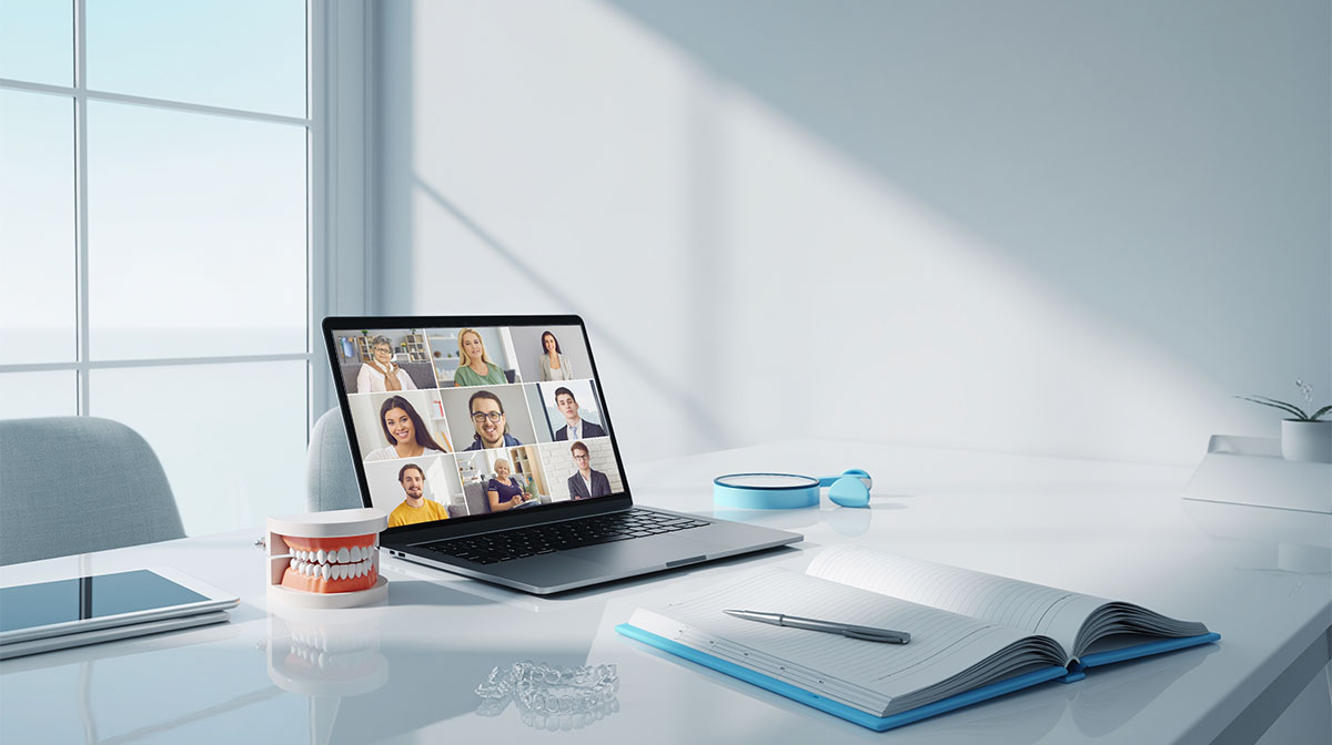 Auf dem Schreibtisch eines Kieferorthopäden liegt ein aufgeschlagener Laptop, über den er am Webinar KFO-Praxisgründung erfolgreich meistern teilnimmt.
