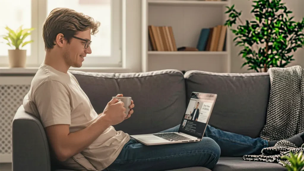 Ein junger MKG-Chirurg sitzt mit einer Tasse Kaffee auf der Couch und nimmt am Webinar MKG-Spezial f&uuml;r Existenzgr&uuml;nder teil.