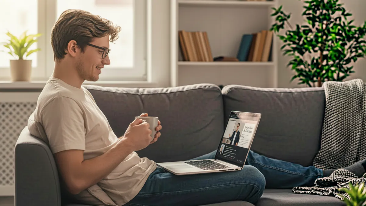 Ein junger MKG-Chirurg sitzt mit einer Tasse Kaffee auf der Couch und nimmt am Webinar MKG-Spezial für Existenzgründer teil.