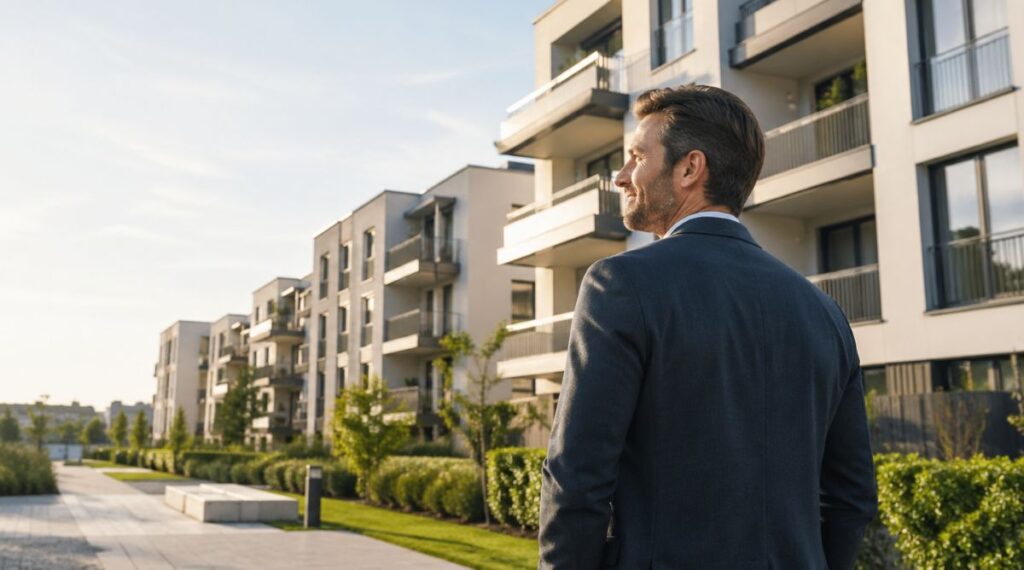 Ein Mann steht vor einer Reihe moderner Wohnh&auml;user als Symbol f&uuml;r Immobilien als Geldanlage und fundierte Investitionsentscheidungen.