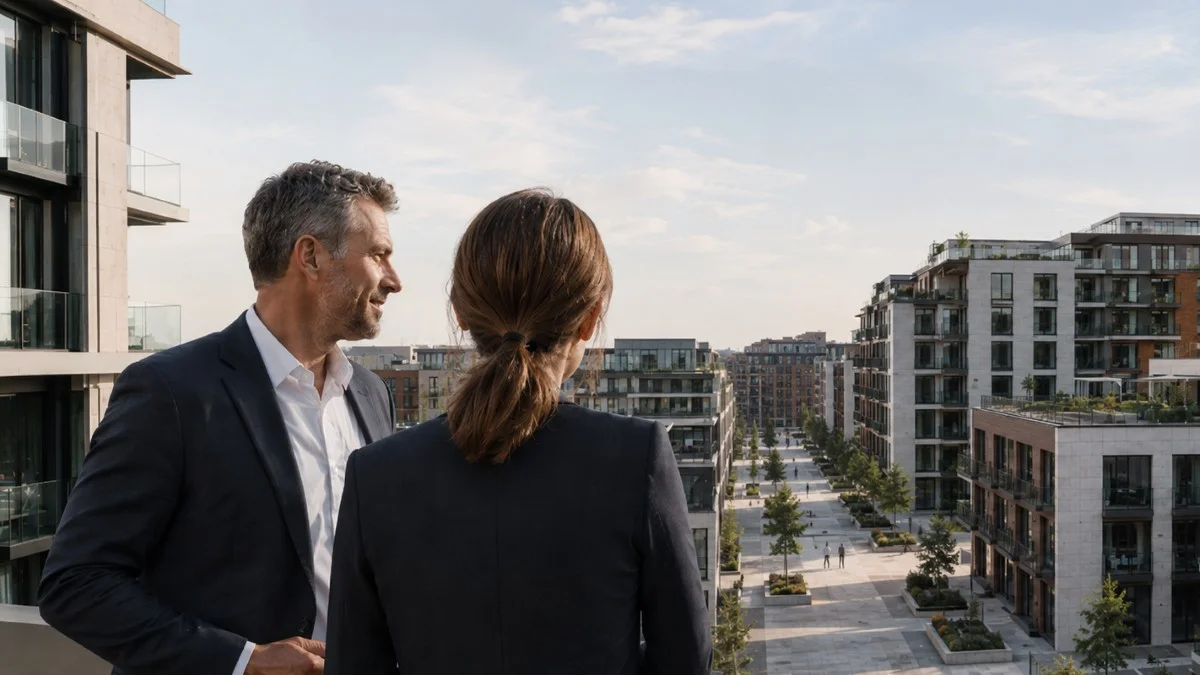 Zwei Immobilienanleger blicken von einem Balkon auf ein modernes Wohnviertel mit Mietwohnungen.