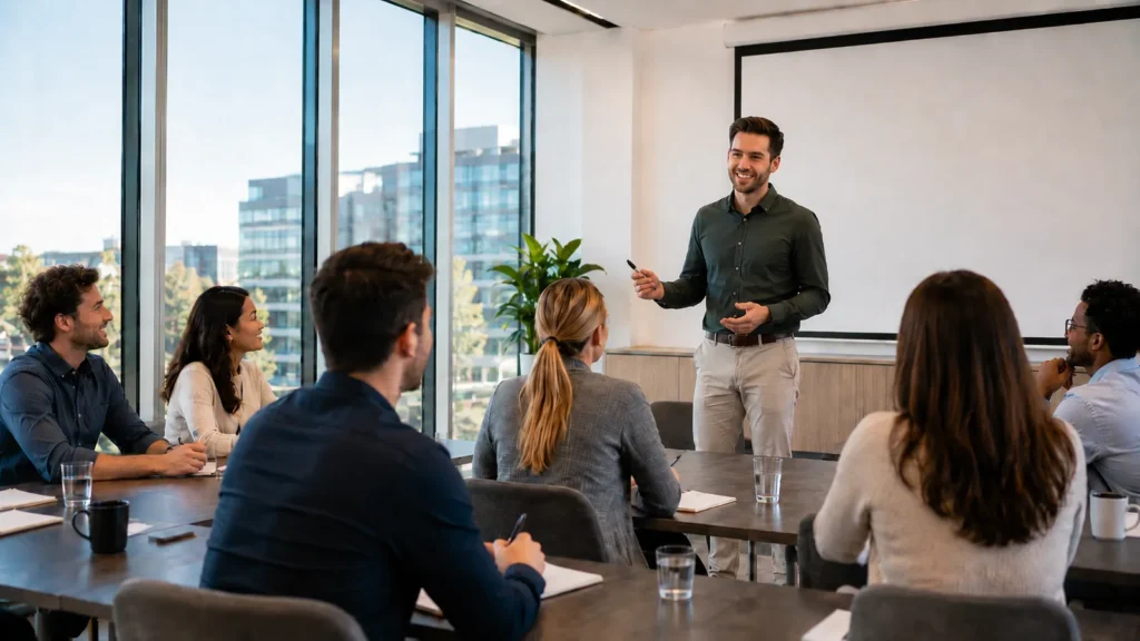 Beim Dental Founder Day in Heidelberg spricht ein Referent vor Zahn&auml;rztinnen und Zahn&auml;rzten &uuml;ber Praxisgr&uuml;ndung.